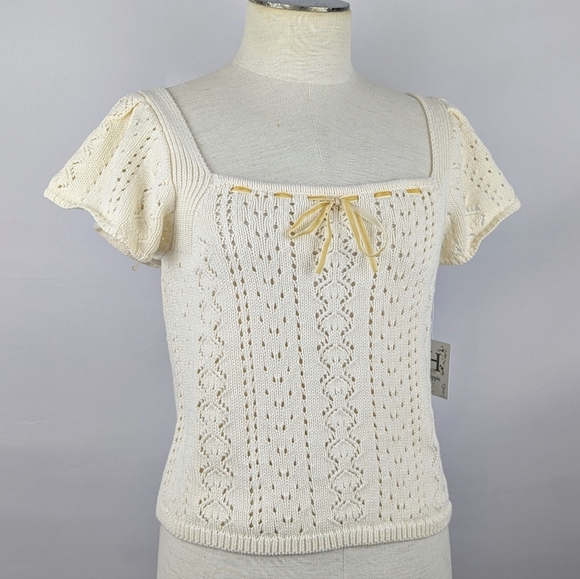Haute Hippie Style Knit Top Short Flutter Sleeve Velvet Ribbon Trim Cream XL NWT - Picture 1 of 10